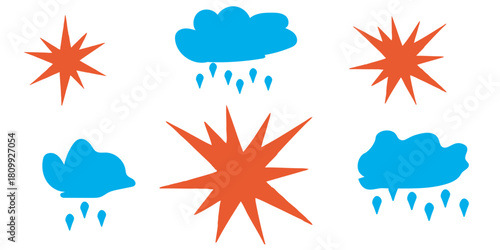 Whimsical weather and bursting star icons in a flat design style