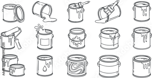 Outline vector illustration set of paint cans and brushes for art, design, and home improvement projects