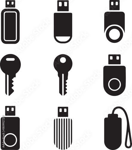 Black and White Silhouette Illustration of USB Drive Designs Rectangular Swivel Capless Key-Shaped Round Mini Card-Style Wooden Metallic USB Strap