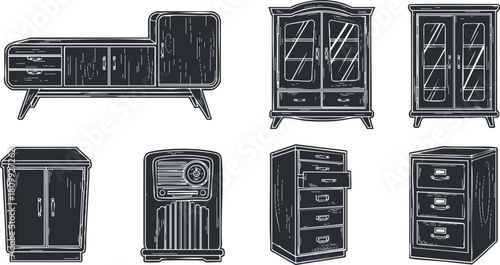 Vintage furniture vector illustration set featuring cabinets, dressers, and storage units in a stylish black and white design for home decor projects
