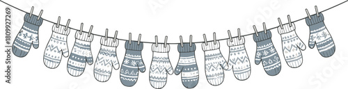 Vector Illustration of Knitted Winter Mittens Hanging on a Clothesline, Cozy Holiday Patterned Gloves