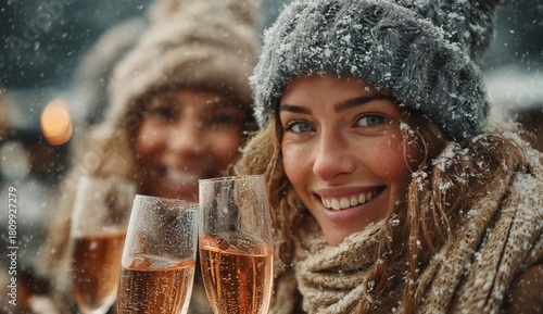 Friends Celebrate Winter With Champagne in Snowy Landscape During Festive Gat...