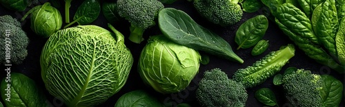 Fresh Green Vegetables Arranged on a Dark Background for an Appetizing Displa...
