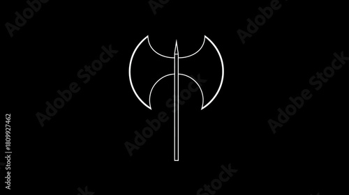 Clean white outline double-bladed axe icon on a solid black background. Minimalist graphic illustration, ancient weapon symbol design.
