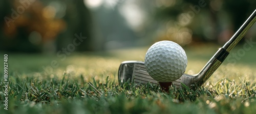 Swinging Golf Club Next to a White Ball on a Lush Green Course During Golden ...