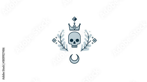 Minimalist Skull with Crown, Crescent Moon, and Botanical Branches Illustration. Mystical Gothic Flat Design Symbol.