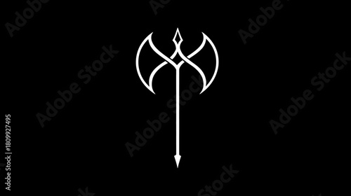 Ornate white stylized double axe symbol on a black background. Ancient weapon emblem with a minimalist, fantasy and mythology design.