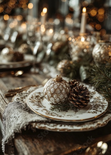 Elegant Holiday Table Setting With Golden Decor and Pinecones for Festive Gat...