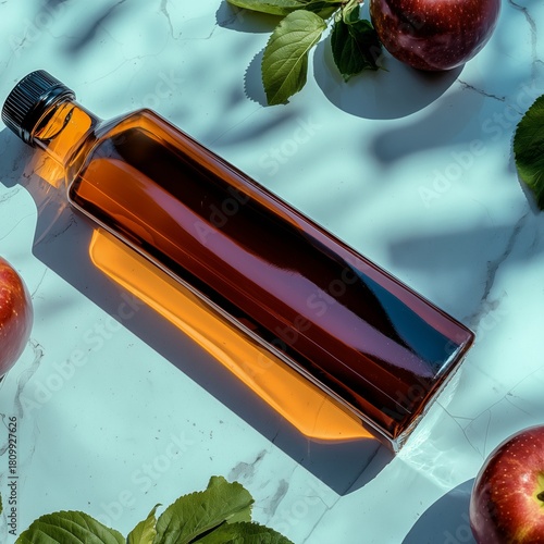 Natural Apple Juice Bottle on Marble Surface Surrounded by Fresh Apples