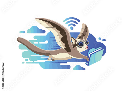 A flying sugar glider with aviator goggles carries a folder through the cloud with a Wi-Fi signal.