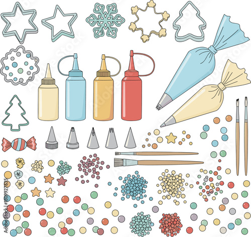 Vector Set of Baking and Cookie Decorating Supplies, Icing Bags, Cutters, and Sprinkles Illustration
