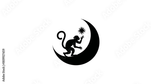 Whimsical monkey silhouette on crescent moon reaching for a star against a white background, symbolizing dreams, magic, and fantasy.