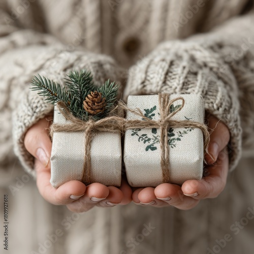Beautifully Wrapped Gifts in Hands With Cozy Sweater Background During Holida...