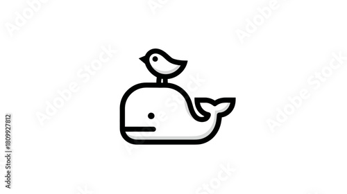 Cute minimalist line art illustration of a small bird sitting on the back of a friendly whale, isolated on white background. Ocean animal icon.