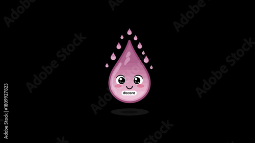 Cute pink cartoon drop character with wide eyes and open mouth, surrounded by smaller falling liquid droplets on a dark background
