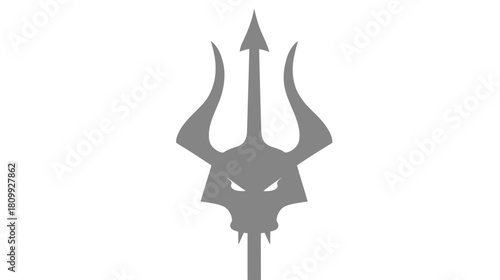 Stylized mythical trident with horned skull face graphic. Dark fantasy weapon concept. Powerful, aggressive symbol or icon.
