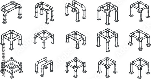 Geometric vector illustration set of various pipe structures for industrial and engineering design projects