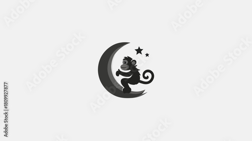 Whimsical black silhouette of a cartoon monkey sitting on a crescent moon with stars, graphic illustration, dreamlike night