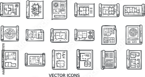 Collection of minimalist vector icons depicting architectural blueprints and floor plans for design and construction projects