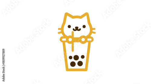 Playful Cartoon Cat Character Peeking from a Bubble Tea Cup. Adorable Kawaii Style Animal Drink Illustration.