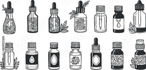 Stylized vector collection of decorative dropper bottles for essential oils and herbal extracts in black and white