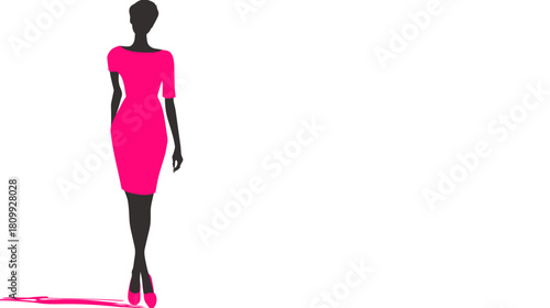 Elegant woman silhouette in a vibrant pink cocktail dress and high heels walking, fashion illustration with copy space.