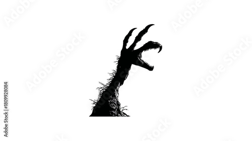 Horror monster hand silhouette with sharp claws reaching up. Frightening creature arm for Halloween, danger, or evil concepts.