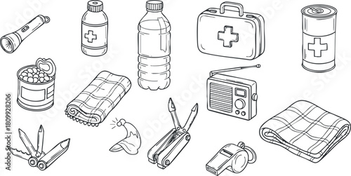 Outline vector illustration of emergency survival kit items including medical supplies, tools, and essentials for preparedness.