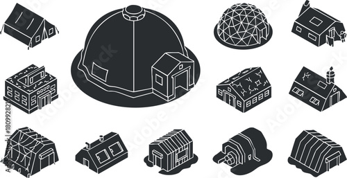 Geometric black and white vector illustration set of various building designs including domes and houses for architectural projects