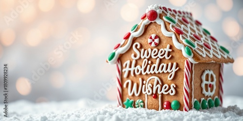 Festive gingerbread house decorated with icing and holiday wishes  