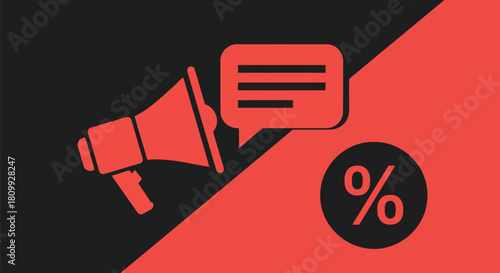 Red megaphone with speech bubble and percentage sign on
