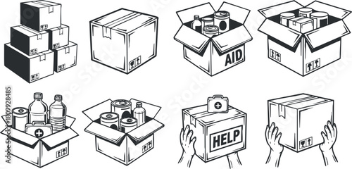 Outline vector illustration featuring various boxes for aid and help, suitable for charity and humanitarian projects