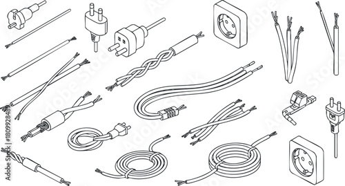 Detailed vector illustration of various electrical wires, plugs, and connectors for technology and engineering projects