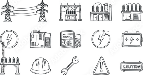 Outline vector icon set depicting electricity and power generation symbols for industrial and safety design projects