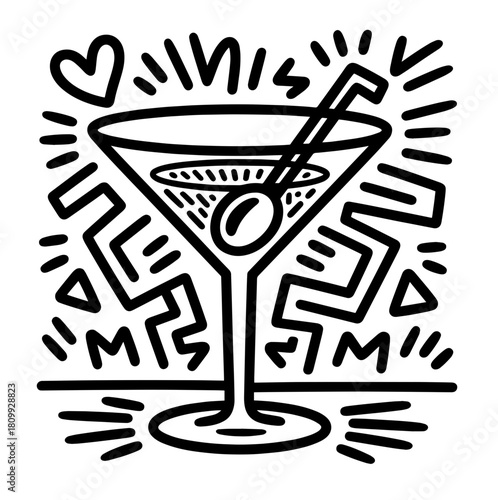 Cocktails alcoholic martini, aperol spritz in ink doodle style. Hand drawn collection of drink. Italian style wedding dinner icons.
