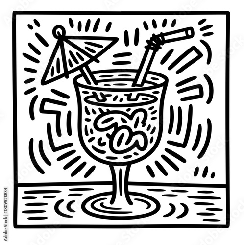 Cocktails alcoholic martini, aperol spritz in ink doodle style. Hand drawn collection of drink. Italian style wedding dinner icons.

