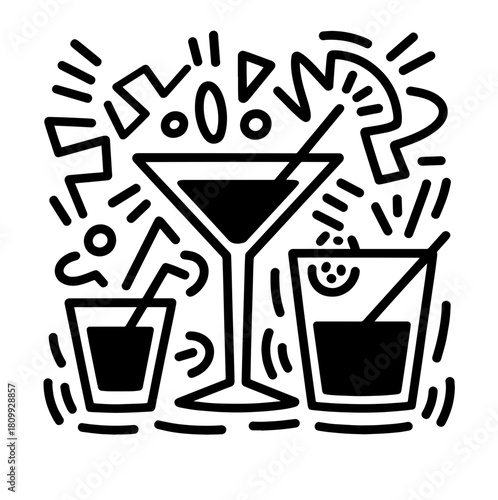 Cocktails alcoholic martini, aperol spritz in ink doodle style. Hand drawn collection of drink. Italian style wedding dinner icons.
