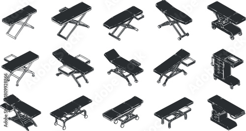 Set of minimalist black and white vector illustrations of various medical treatment tables and adjustable furniture for healthcare settings