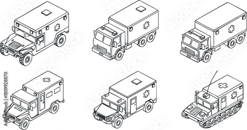 Outline vector illustration of various ambulance vehicles in a clean, geometric style for emergency and healthcare design projects