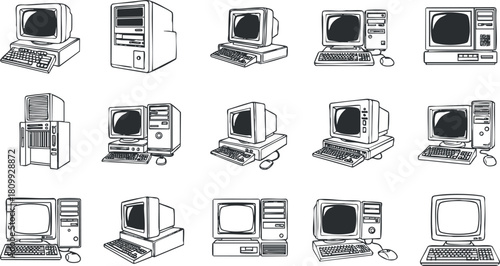 Collection of vintage computer vector illustrations in a minimalist line art style, ideal for technology-themed projects and designs