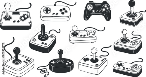 Retro and modern vector illustration collection of gaming controllers and joysticks in black and white style for tech and entertainment design