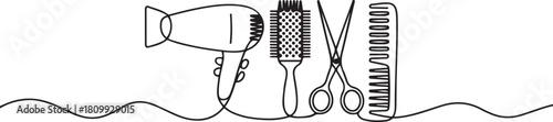 Continuous one line design of hair care equipment. Minimalist style vector. one line Icon drawing with white background