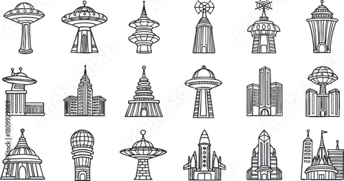Creative outline vector illustration of futuristic buildings and spacecraft icons for urban design and architectural concepts
