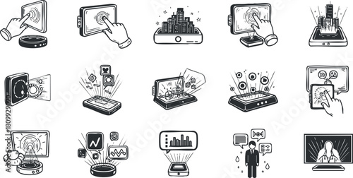 Modern flat design vector illustration set depicting digital device interactions and user engagement concepts for technology projects