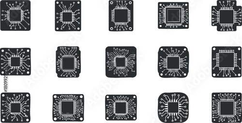 Collection of modern vector icons featuring various microchip designs for technology and electronics projects