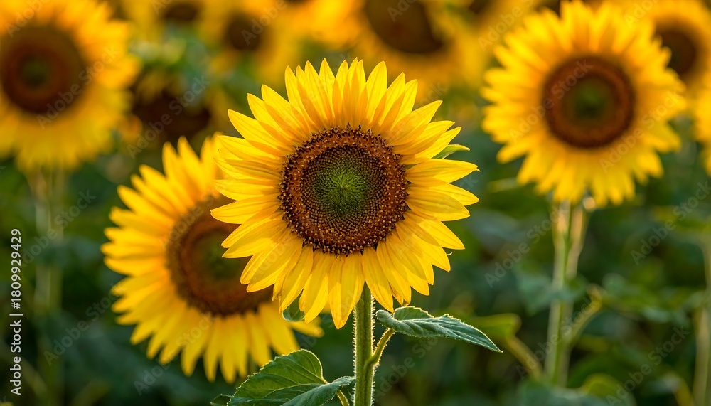Fototapeta premium Sunny sunflower field with focus on a bright, central bloom. Yellow petals radiate around a dark center