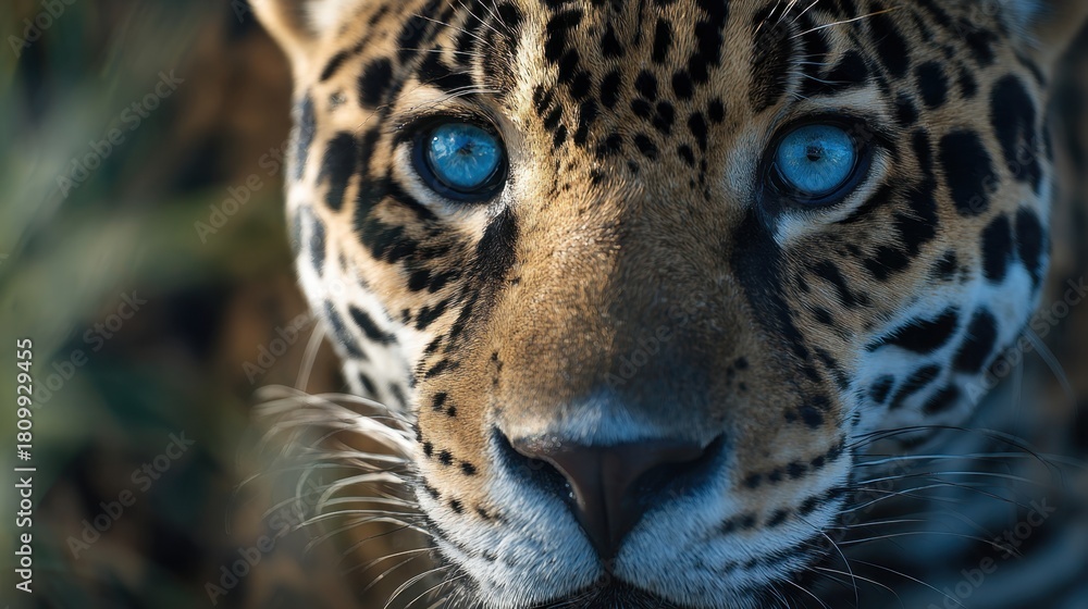 Fototapeta premium A magnificent jaguar displaying beautiful blue eyes gazes directly at the viewer. The lush green foliage of the jungle surrounds it highlighting its stunning fur pattern.