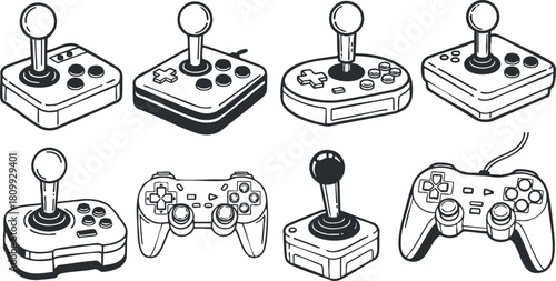 Vector illustration of various gaming controllers and joysticks in a black and white style for digital entertainment projects