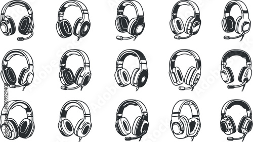 Vector illustration set of various headphone designs in black and white style for technology and audio projects