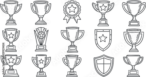 Set of minimalist line art vector icons featuring various trophy, medal, and shield designs for awards and recognition